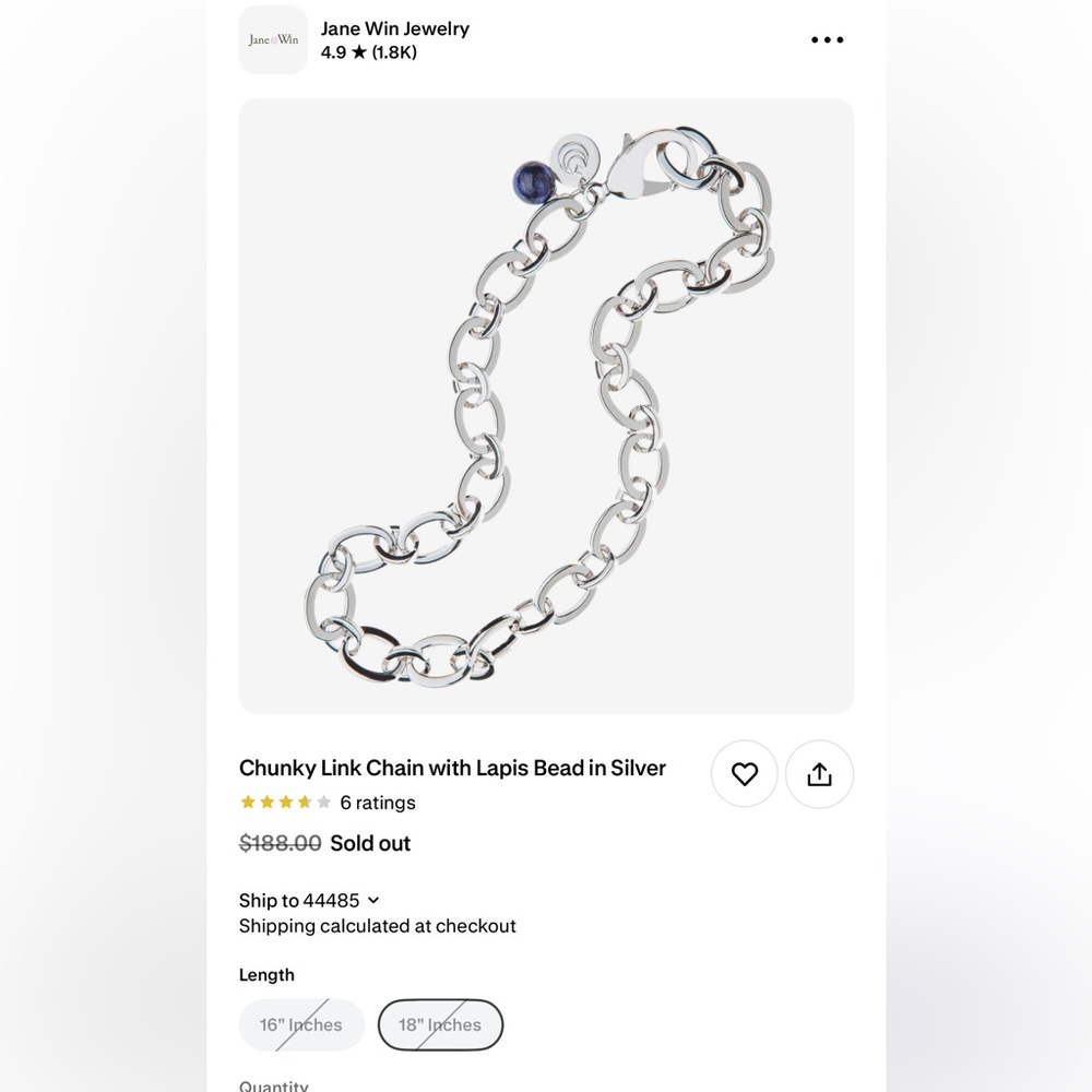 Jane Win Silver Chunky Link Chain w/ Lapis Bead, 18” - Picture 2 of 13